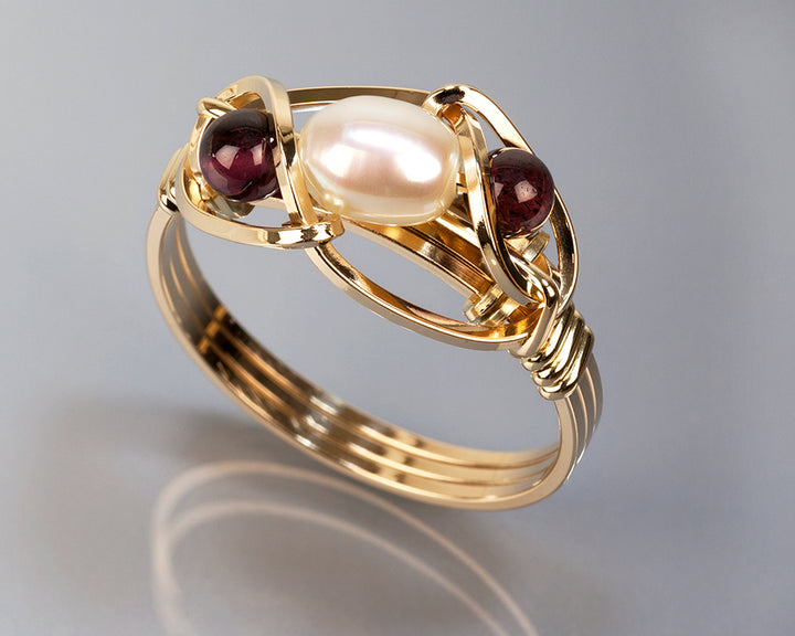 Garnet and Pearl Wire Wrapped Ring