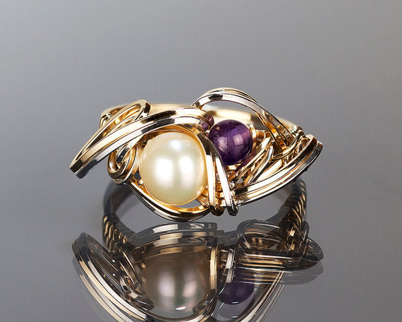 Amethyst and White Pearl Ring