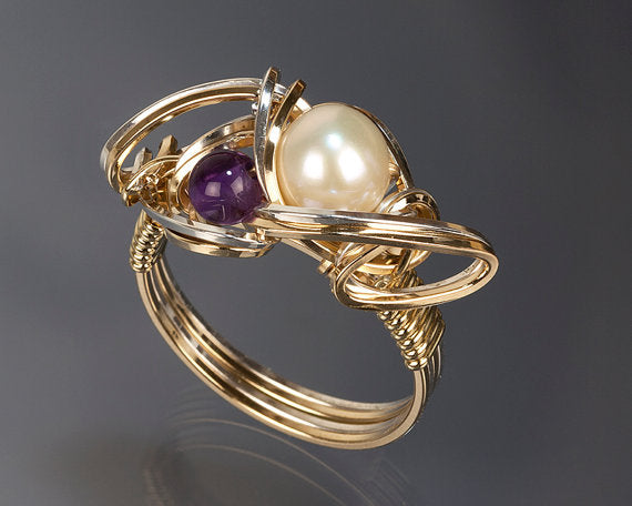 Amethyst and White Pearl Ring