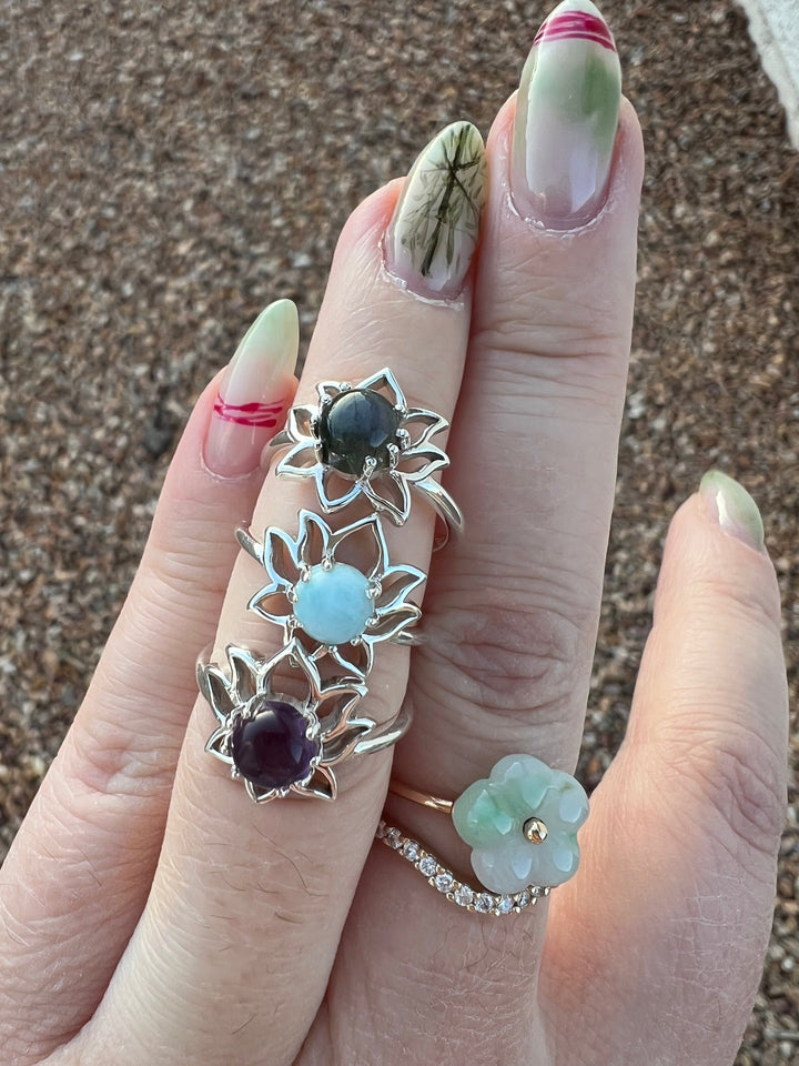 Lotus rings with natural gemstones