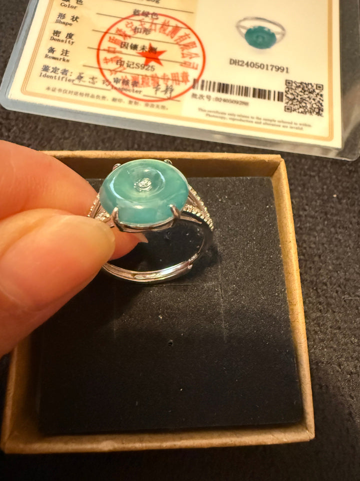 Blue Water Jade Donut Sterling Silver Adjustable Ring