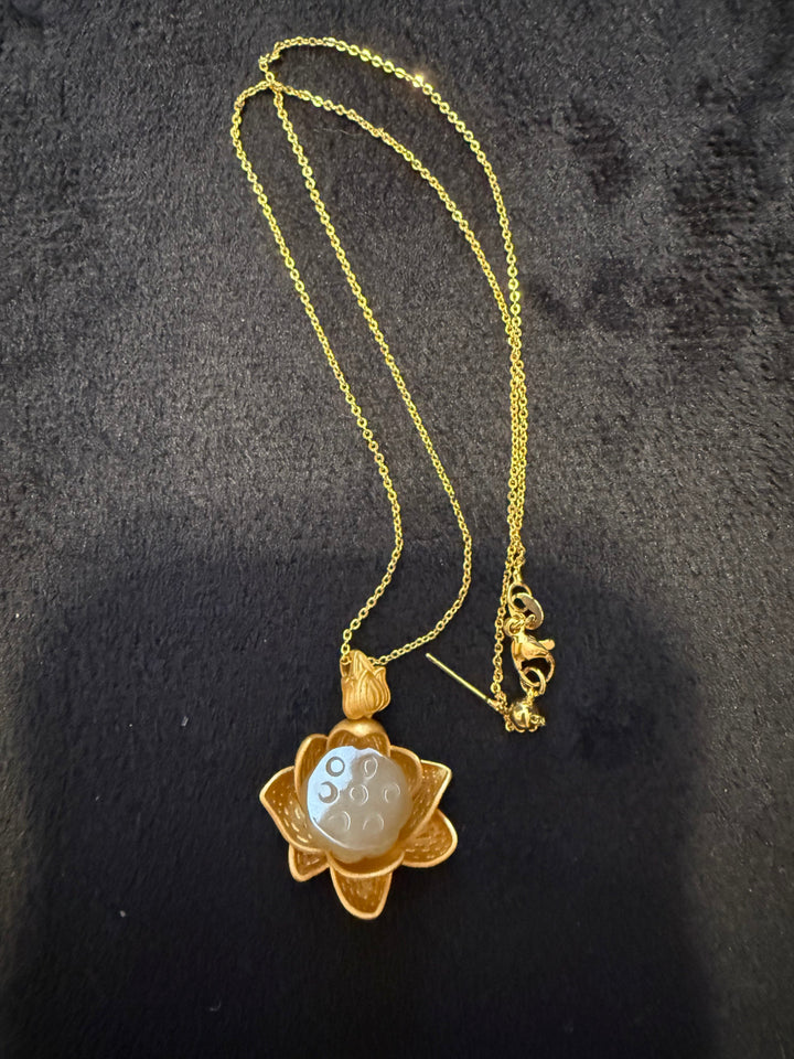 Nephrite Jade Lotus Pendant with Gold-Plated Adjustable Chain