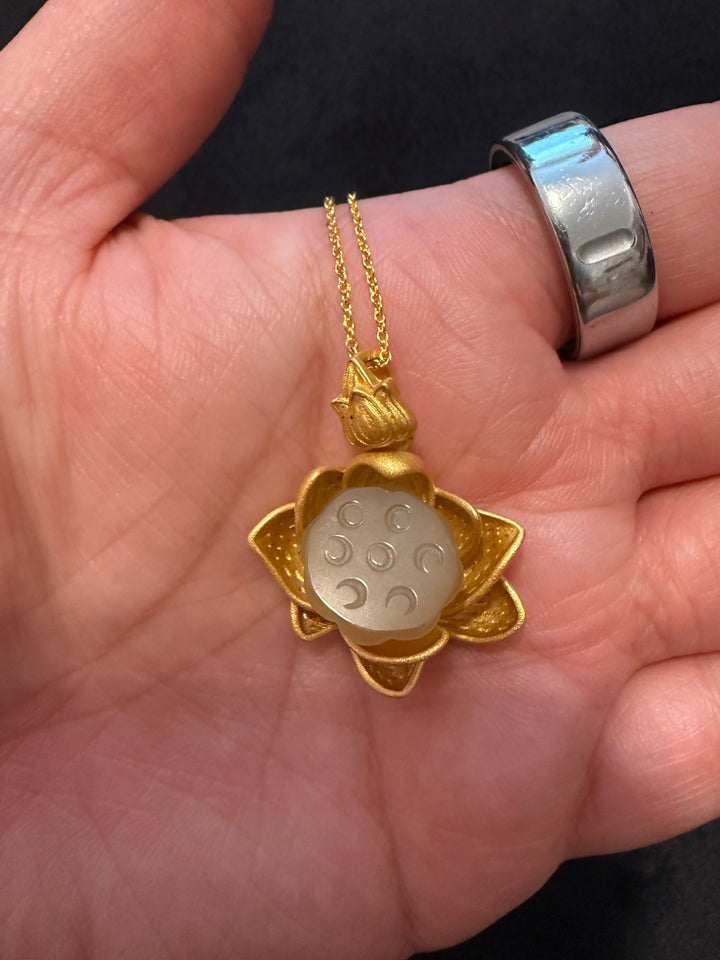 Nephrite Jade Lotus Pendant with Gold-Plated Adjustable Chain