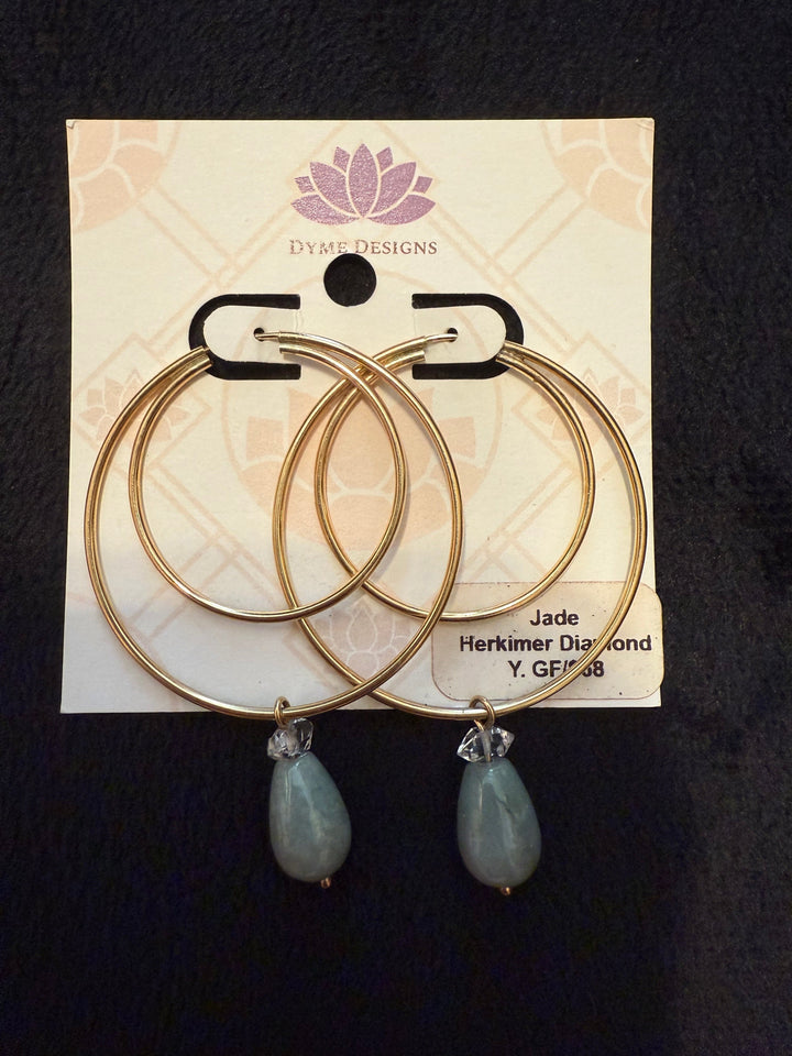 14K Gold Filled Big Double Hoops Jade & Herkimer Diamond Earrings