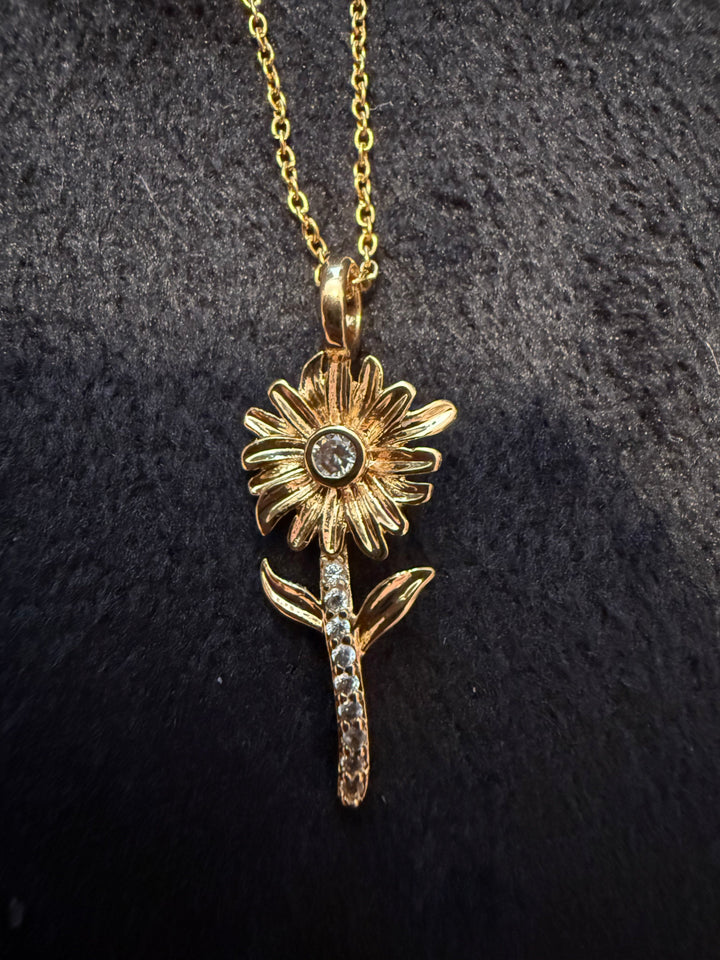 Sunflower Pendant with Cubic Zirconia Stones & Gold-Plated Chain