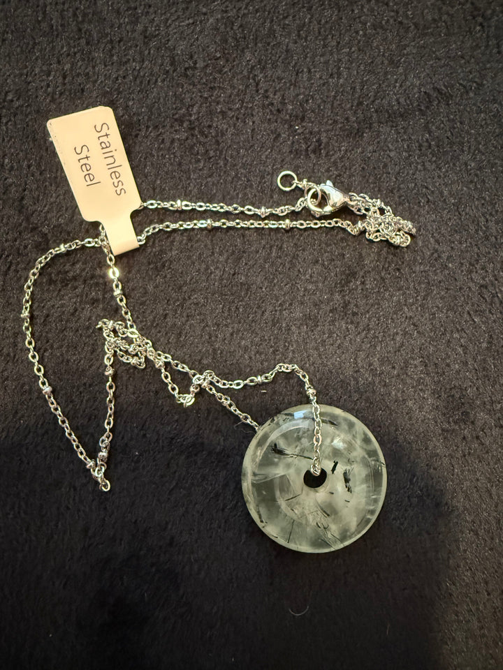 Prehnite Donut Pendant with Stainless Steel Chain