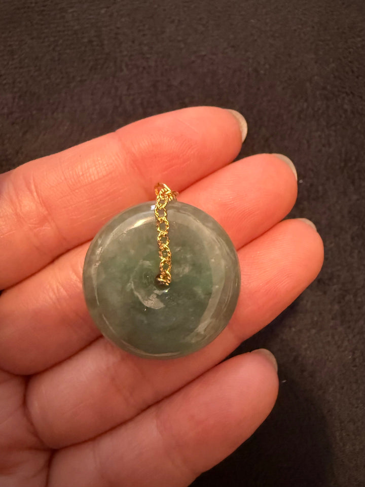 Burmese Dark Green Jade Donut Pendant with 14k Gold-Filled Chain Loop