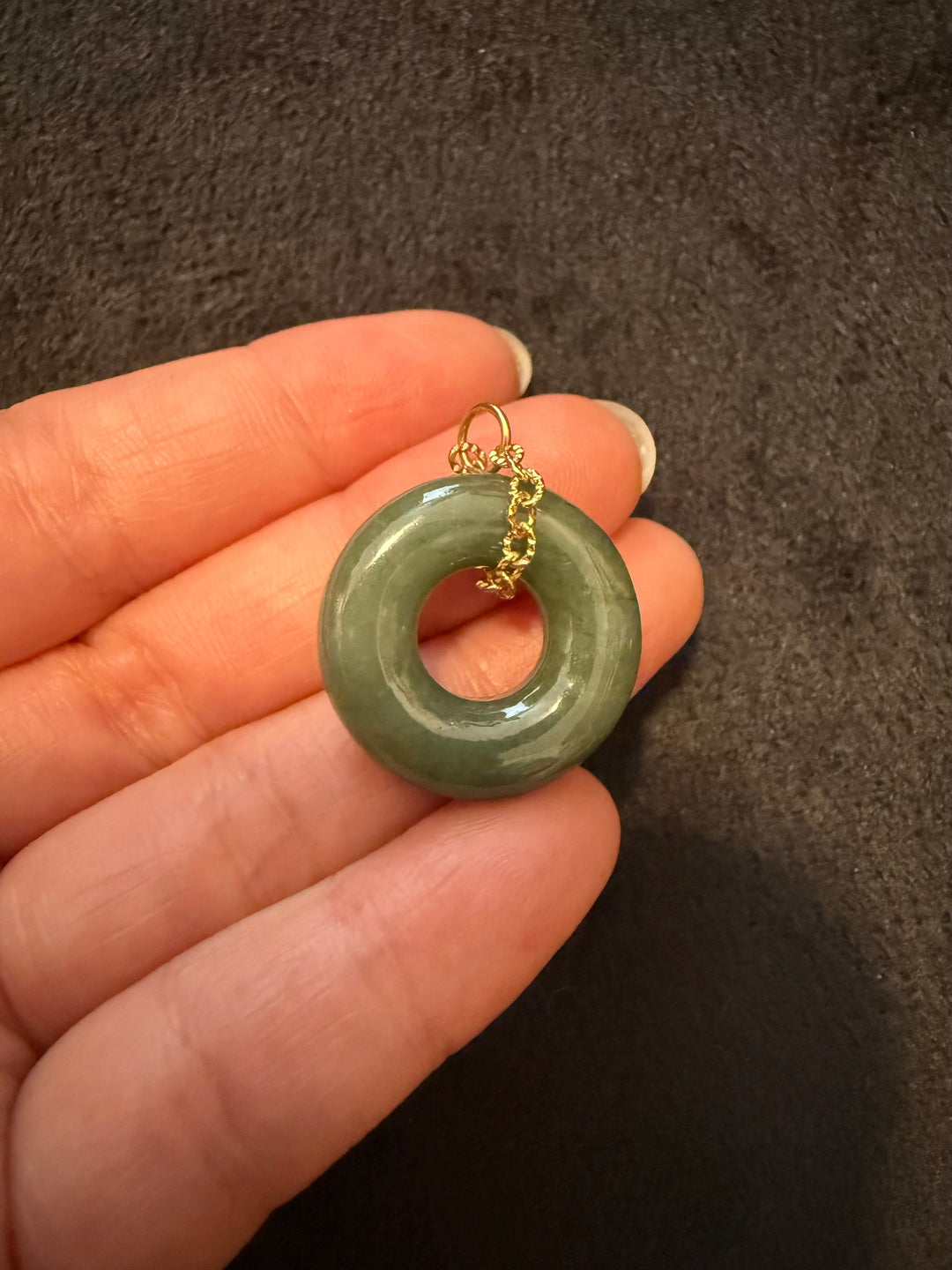 Burmese Dark Green Jade Donut Pendant with 14k Gold-Filled Chain Loop