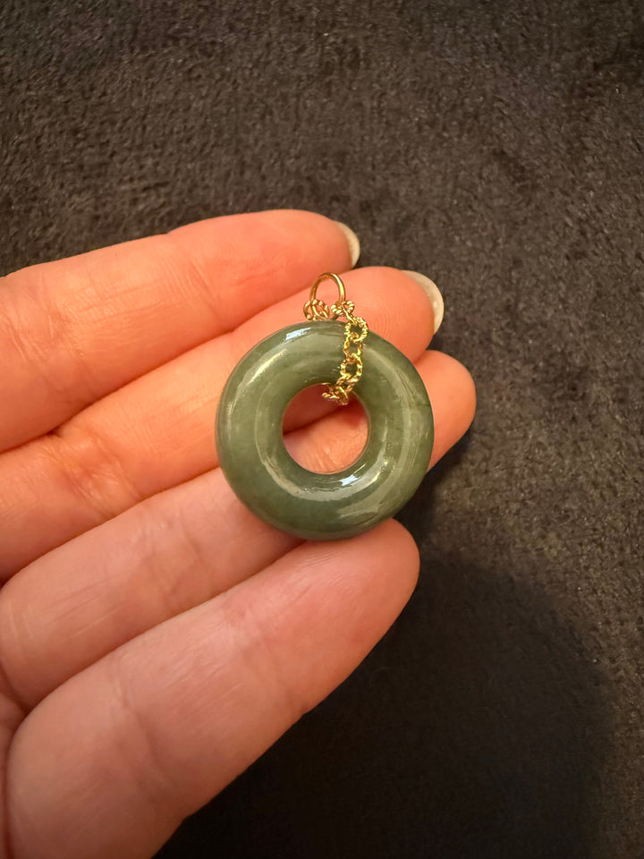 Burmese Dark Green Jade Donut Pendant with 14k Gold-Filled Chain Loop