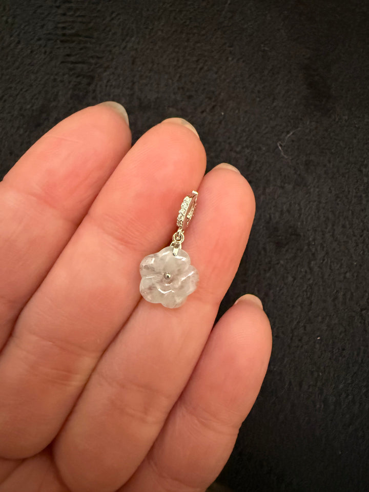 Burmese Jade Flower Pendant in Sterling Silver with Cubic Zirconia