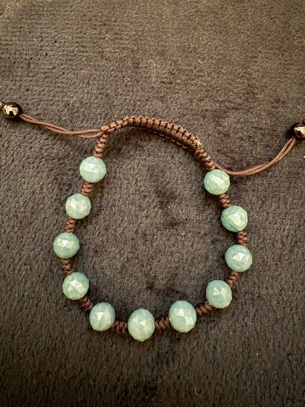 Blue Water Jade Beaded Bracelet with Brown Adjustable Cord