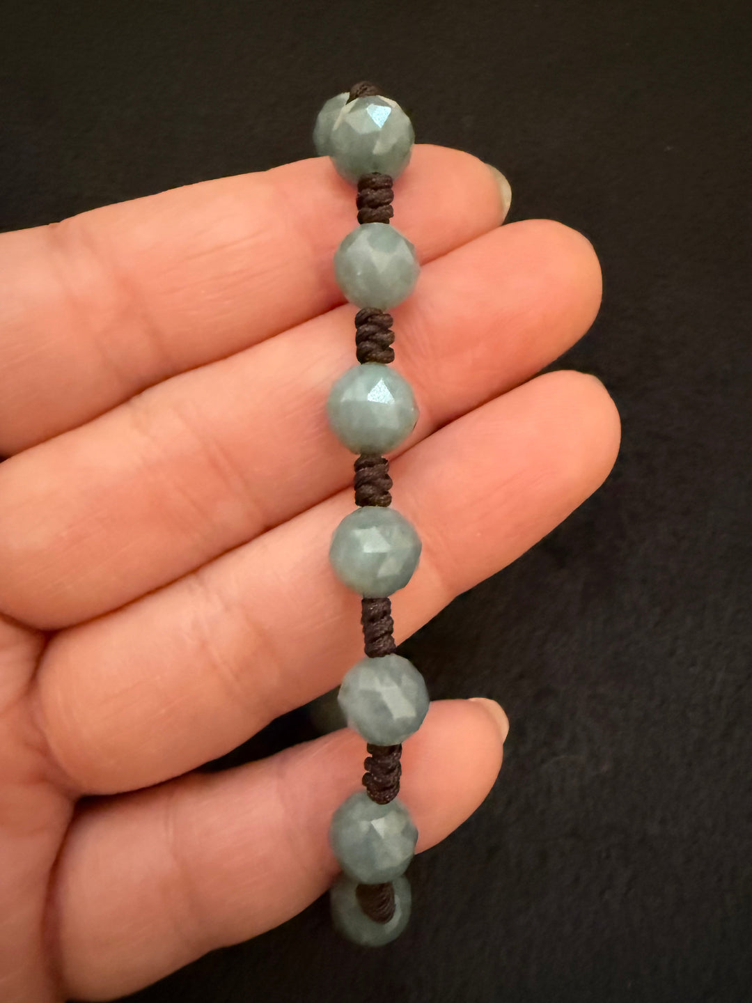 Blue Water Jade Beaded Bracelet with Brown Adjustable Cord