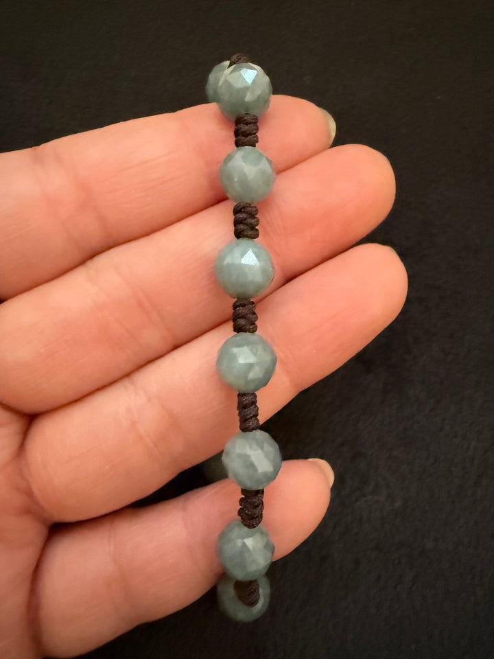 Blue Water Jade Beaded Bracelet with Brown Adjustable Cord