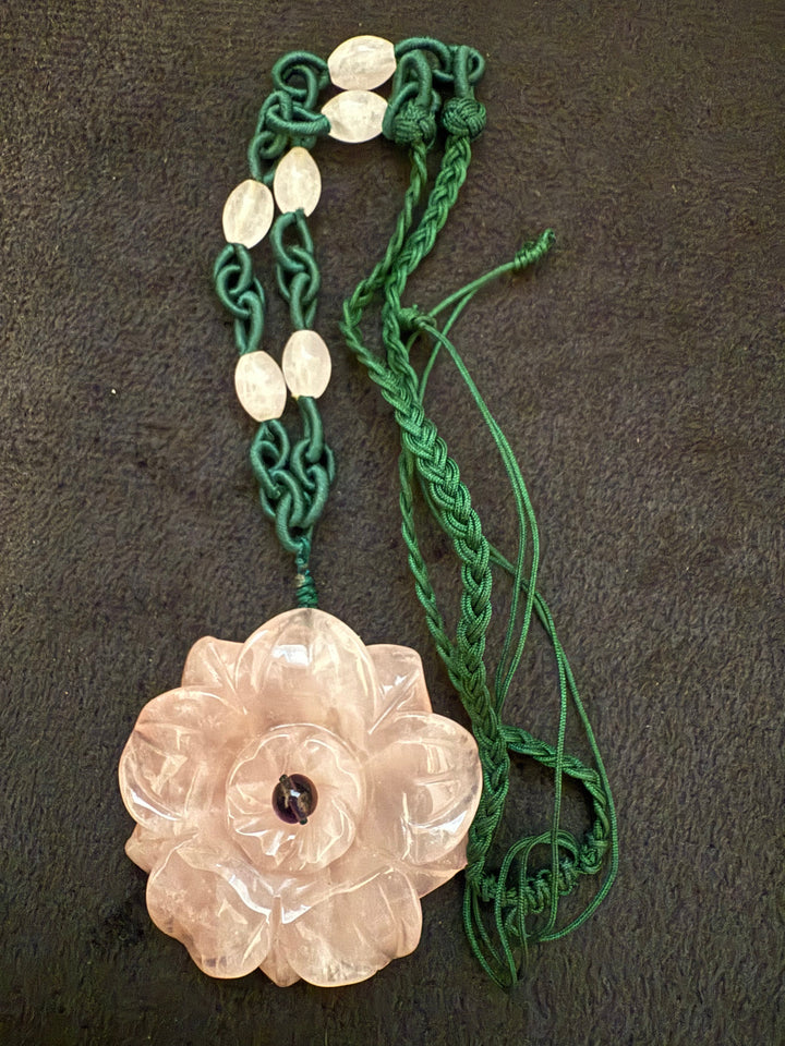 Rose Quartz Flower Pendant with Green Cord Necklace