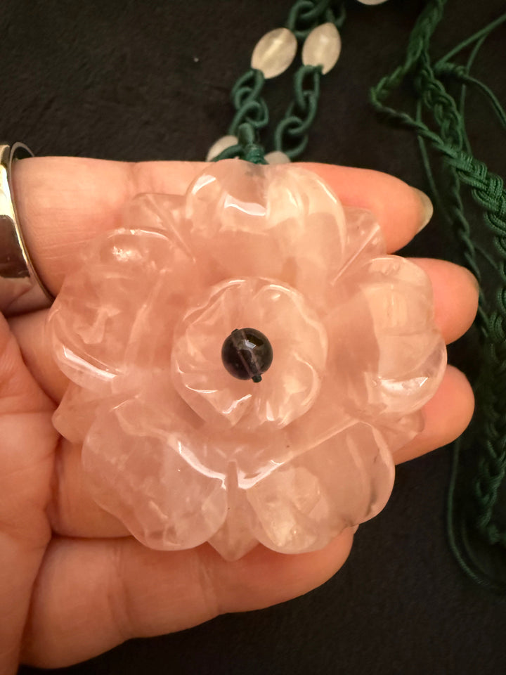 Rose Quartz Flower Pendant with Green Cord Necklace