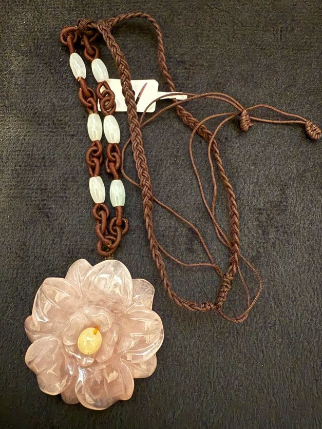 Rose Quartz Flower Pendant with Brown Cord Necklace