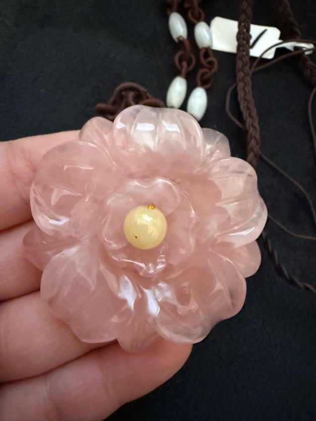 Rose Quartz Flower Pendant with Brown Cord Necklace