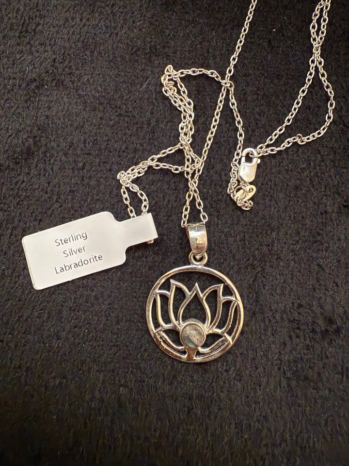 Lotus Flower Gemstone Pendant Necklace – Sterling Silver