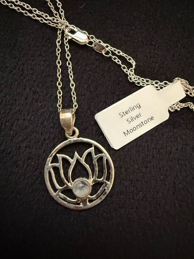 Lotus Flower Gemstone Pendant Necklace – Sterling Silver