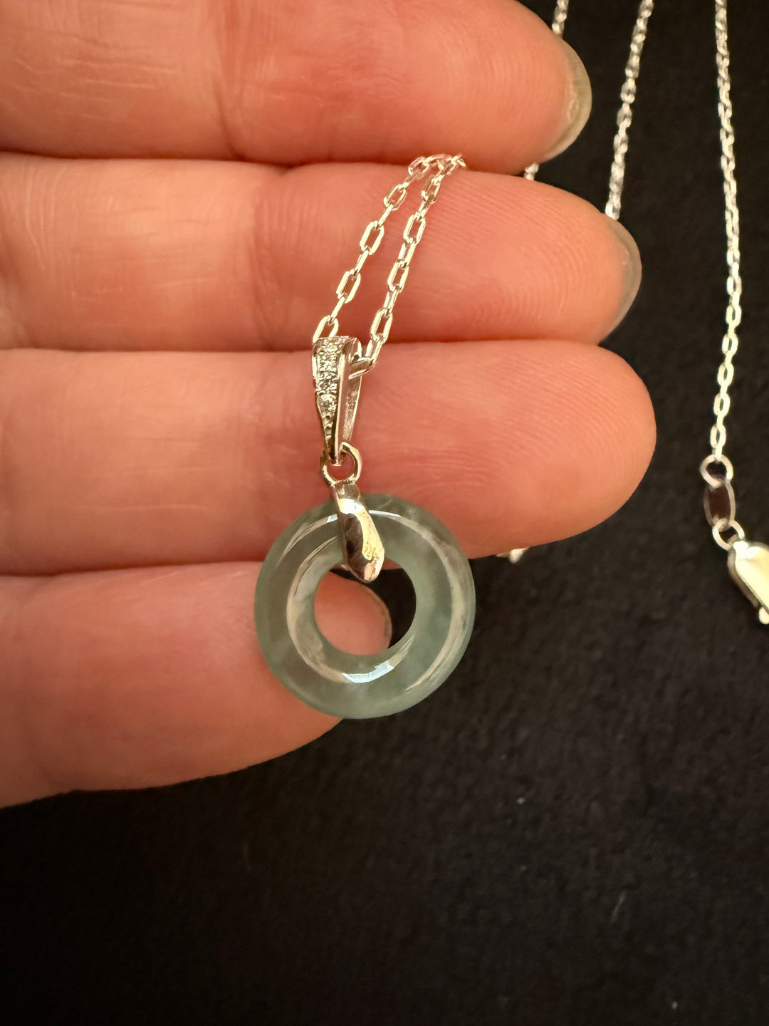 Blue Water Jade Donut Necklace with Cubic Zirconia – Sterling Silver Chain