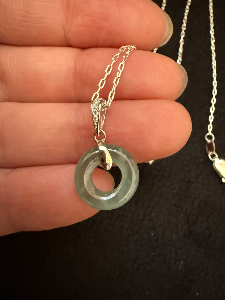 Blue Water Jade Donut Necklace with Cubic Zirconia – Sterling Silver Chain