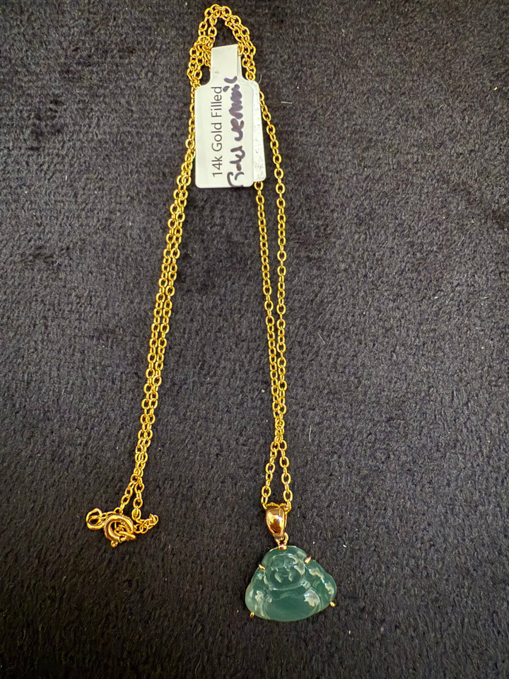 Imperfect Blue Water Jade Buddha Necklace – 14K Gold-Filled Pendant & Gold Vermeil Chain