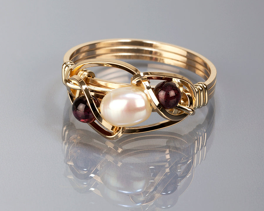 Garnet and Pearl Wire Wrapped Ring