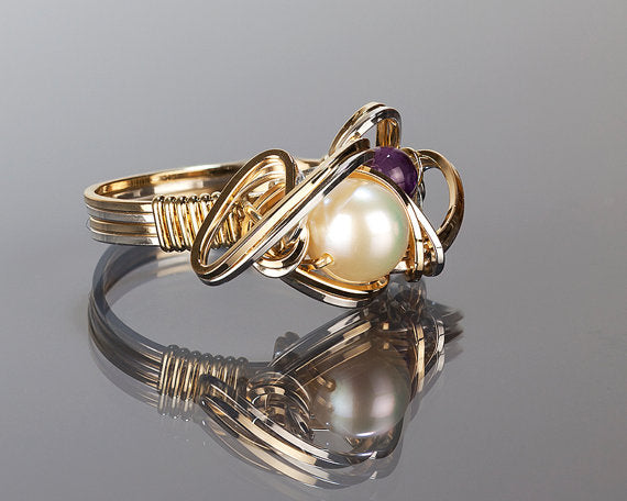 Amethyst and White Pearl Ring